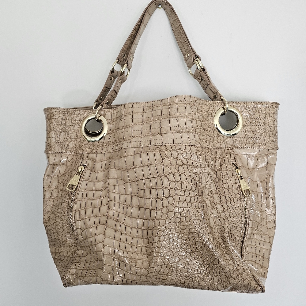 Steve Madden Tan Crocodile-Embossed Women's Tote With Gold Accents